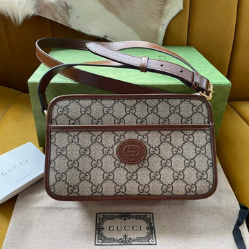 BAG WITH INTERLOCKING G 22 IN BEIGE EBONY CANVAS AND BROWN CALFSKIN TRIM Luxe Carry