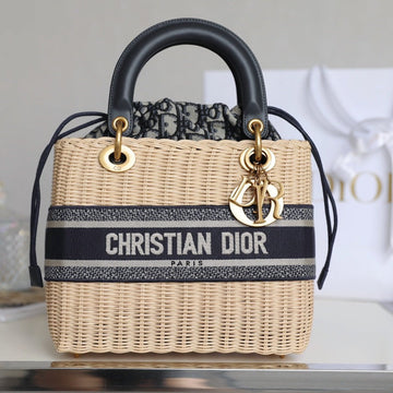 LADY 24 BASKET BAG IN BLACK OBLIQUE JACQUARD MIX BEIGE WICKER Luxe Carry