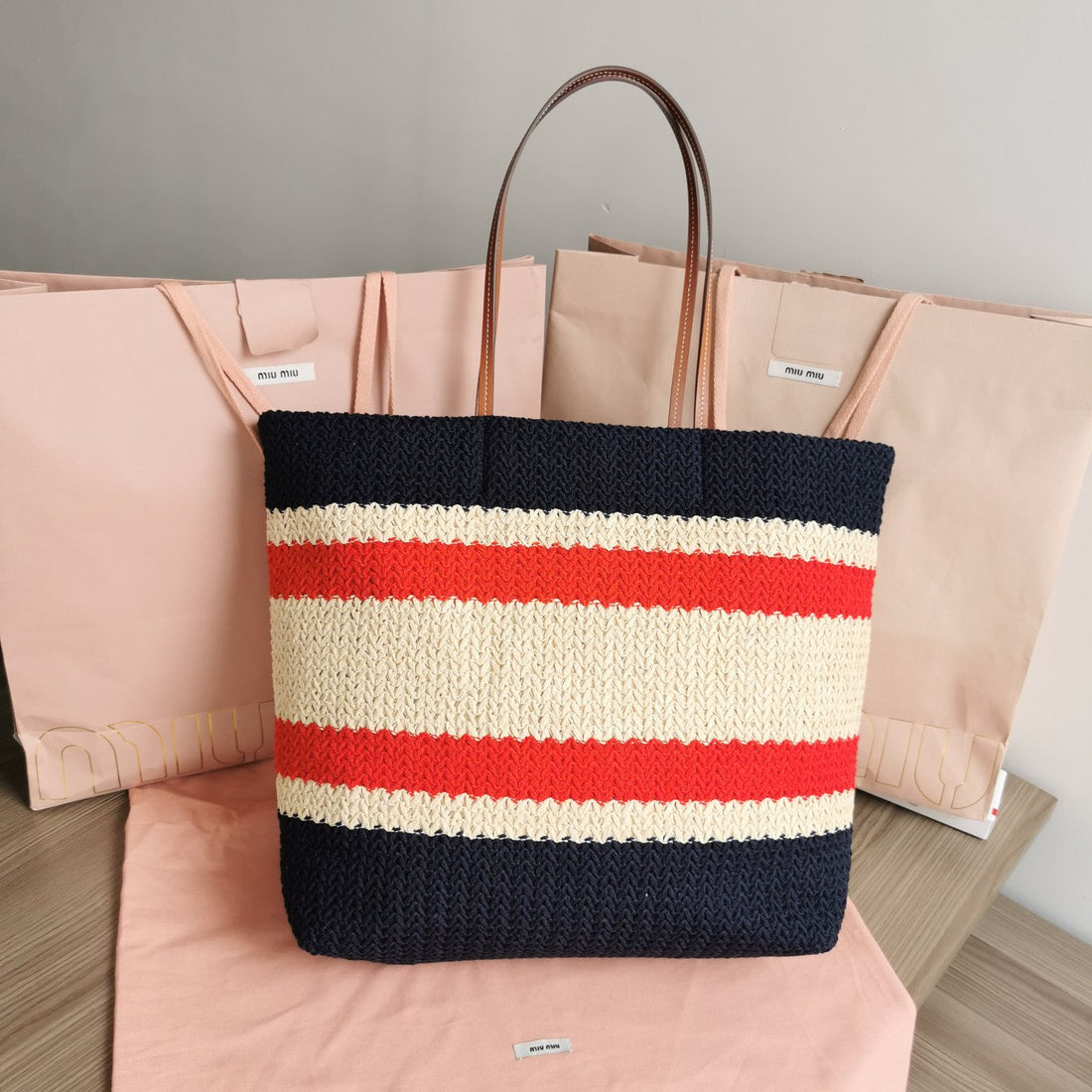 TOTE BAG 40 IN STRIPED PATTERN OF BLACK RED AND CREAM WHITE WOVEN RAFFIA By Luxe Carry