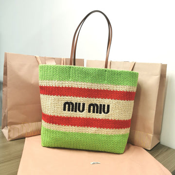 TOTE BAG 40 IN STRIPED PATTERN OF LIGHT GREEN RED AND CREAM WHITE WOVEN RAFFIA Luxe Carry