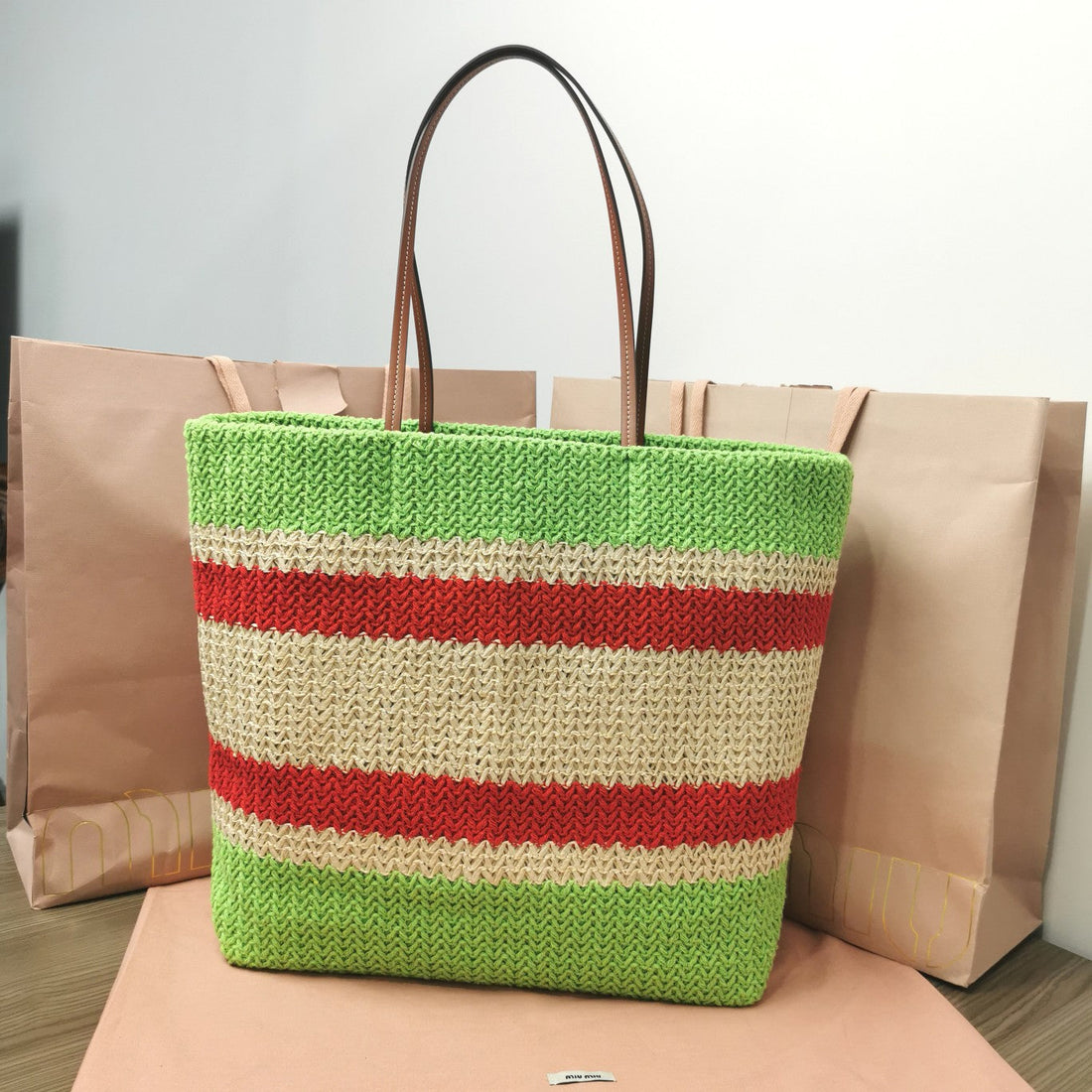 TOTE BAG 40 IN STRIPED PATTERN OF LIGHT GREEN RED AND CREAM WHITE WOVEN RAFFIA By Luxe Carry