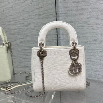 MINI LADY 17 BAG IN WHITE EMBOSSED LAMBSKIN WITH SILVER CLASP Luxe Carry Bags