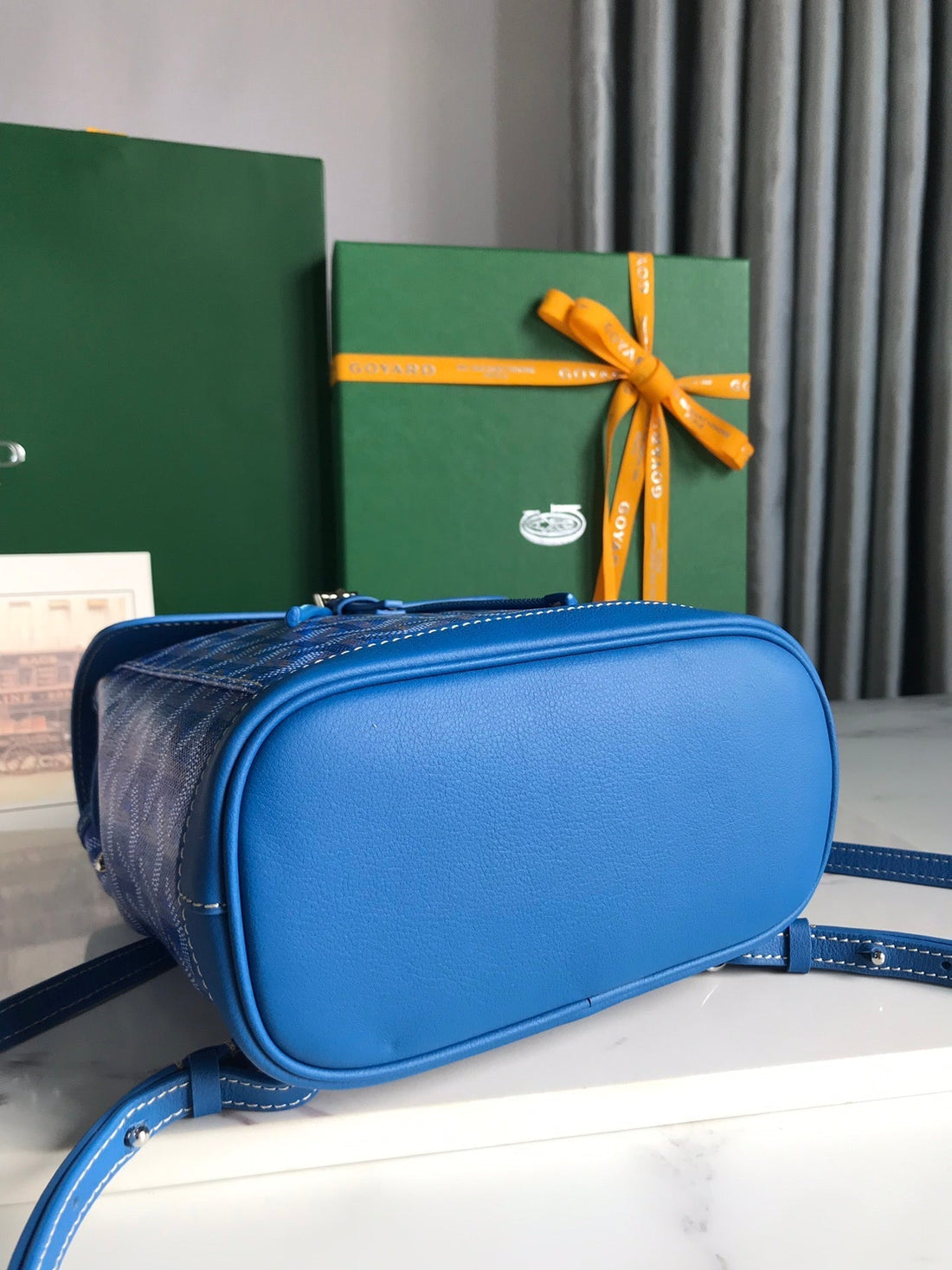 ALPIN MINI BACKPACK 21 IN SAPPHIRE BLUE LAMBSKIN AND GOYARDINE CANVAS by Luxe Carry