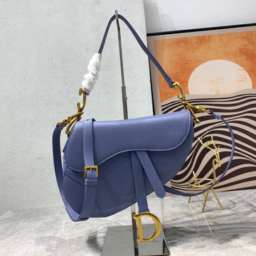 CD Saddle Bag Strap Warm Taupe Grained Blue Calfskin Luxe Carry Bags