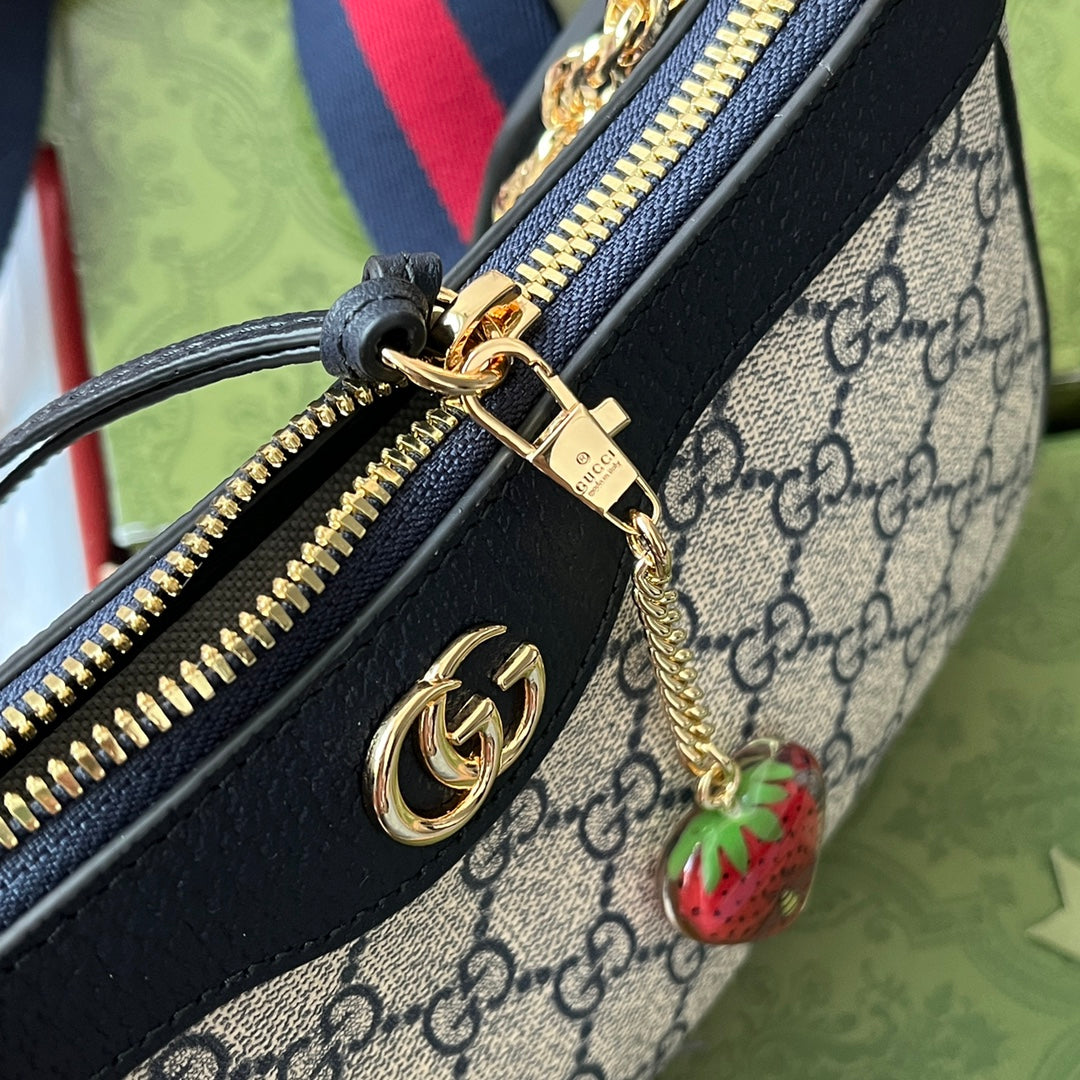 OPHIDIA SMALL SHOULDER BAG 25 IN BEIGE CANVAS AND BLACK LAMBSKIN GOLD HARDWARE Luxe Carry