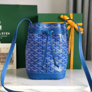 PETIT FLOT BUCKET BAG 22 IN SAPPHIRE BLUE GOYARDINE CANVAS AND LAMBSKIN TRIM Luxe Carry Bags