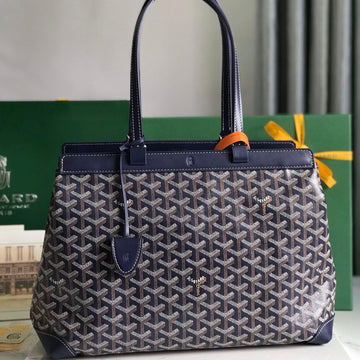 BELLECHASSE BIAUDE PM BAG 36 IN NAVY BLUE GOYARDINE CANVAS AND CALFSKIN TRIM Luxe Carry Bags