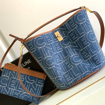 BUCKET 25 PRINTED DENIM BAG NAVY BLUE Luxe Carry