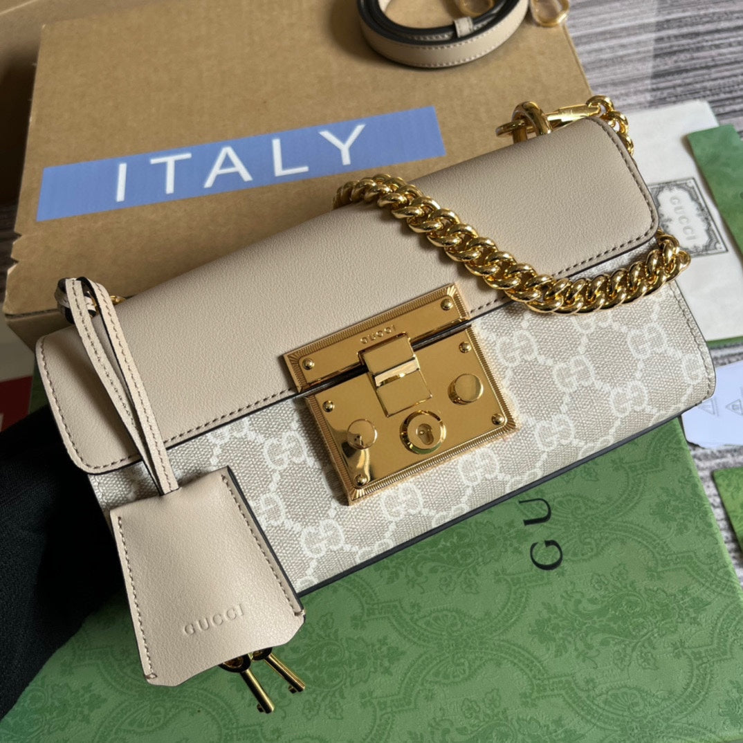 PADLOCK 22 SMALL GG SHOULDER BAG IN BEIGE CALFSKIN AND CANVAS by Luxe Carry