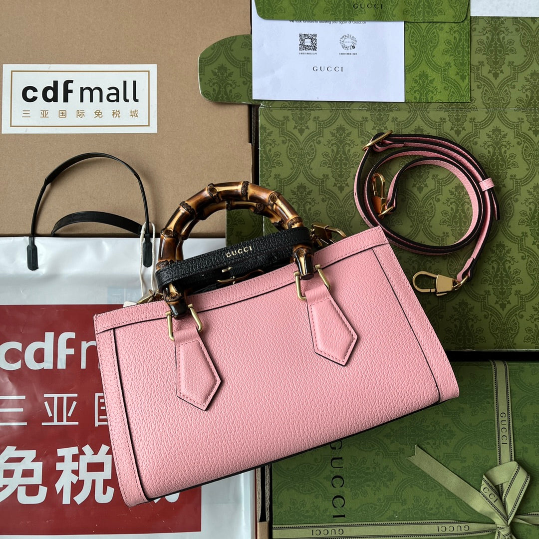 DIANA MEDIUM TOTE BAG 27 IN PINK CALFSKIN BAMBOO HANDLES Luxe Carry Bags