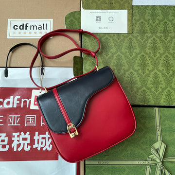 EQUESTRIAN SHOULDER BAG 21 IN RED MIX BLACK CALFSKIN GOLD HARDWARE Luxe Carry