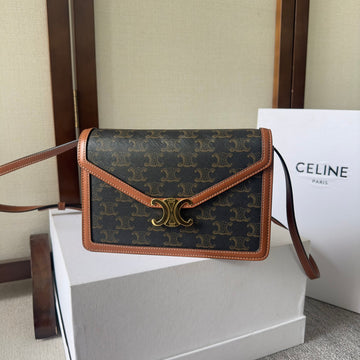 CELINE 25S WALLET MARGO 22MM IN BLACK TRIOMPHE CANVAS AND BROWN CALFSKIN Luxe Carry