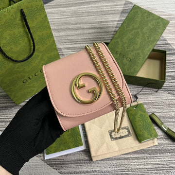 BLONDIE INTERLOCK MINI SHOULDER BAG 12 IN LIGHT PINK CALFSKIN GOLD CHAIN Luxe Carry