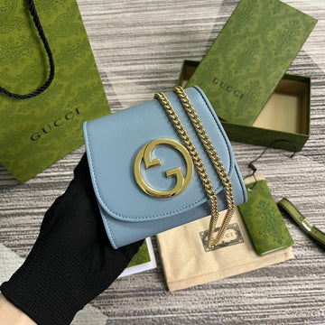 BLONDIE INTERLOCK MINI SHOULDER BAG 12 IN SKY BLUE CALFSKIN GOLD CHAIN by Luxe Carry