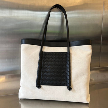 PORTELLO TOTE 53 IN BLACK CALFSKIN AND WHITE CANVAS by Luxe Carry