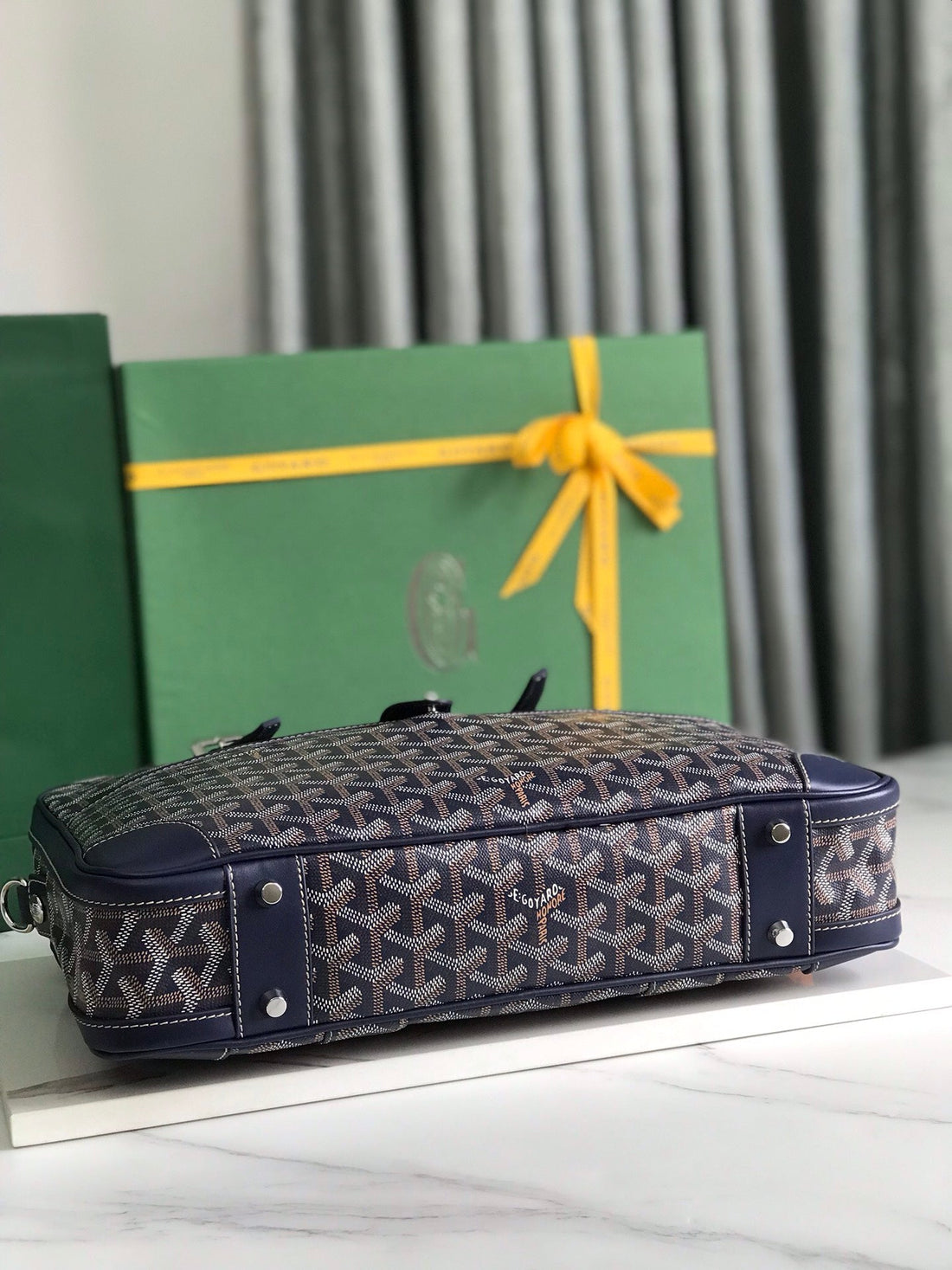 AMBASSADE DOCUMENT CASE 35 IN NAVY BLUE GOYARDINE CANVAS by Luxe Carry