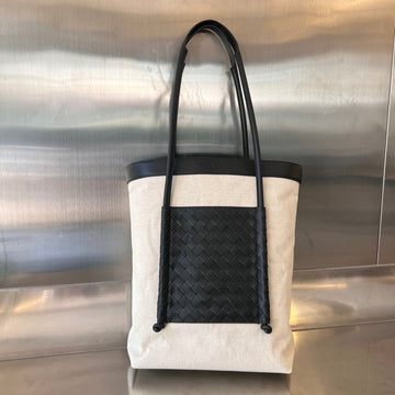 PORTELLO 41 TOTE IN BLACK CALFSKIN AND WHITE CANVAS Luxe Carry