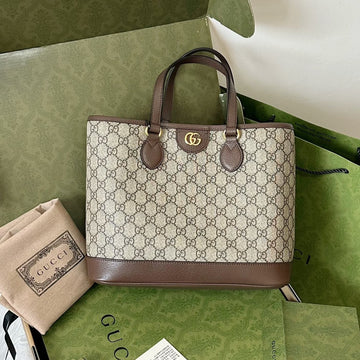 OPHIDIA SMALL TOTE BAG 31 BEIGE CANVAS AND BROWN CALFSKIN Luxe Carry Bags