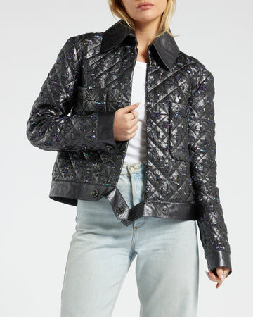 Top Quality Chanel Navy Quilted with Tweed Embellishment Detail Leather Jacket FR 42 (UK 14)