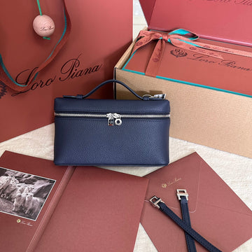 EXTRA POCKET L19 IN NAVY BLUE GRAINED CALFSKIN WITH SILVER HARDWARE Luxe Carry Bags