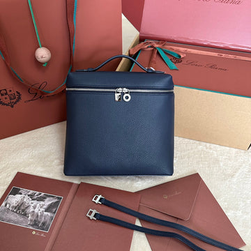 EXTRA POCKET BACKPACK L23.5 IN NAVY BLUE CALFSKIN WITH SILVER HARDWARE by Luxe Carry