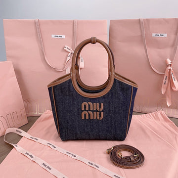 SMALL TOTE BAG 22 IN NAVY DENIM AND BROWN LEATHER TRIM Luxe Carry