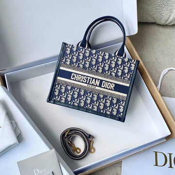 MINI BOOK TOTE 26 BLUE OBLIQUE EMBROIDERY Luxe Carry Bags