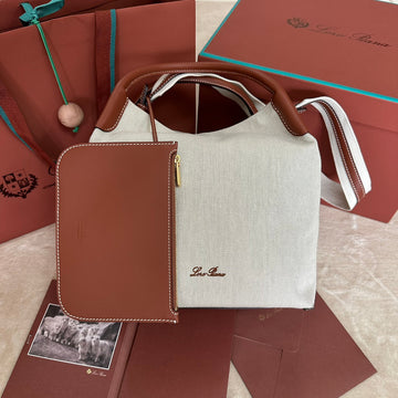 LARGE 36 BALE BAG IN WHITE CANVAS AND CHESTNUT BROWN CALFSKIN by Luxe Carry