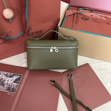 EXTRA POCKET L19 IN OLIVE GREEN CALFSKIN WITH SILVER HARDWARE Luxe Carry Bags