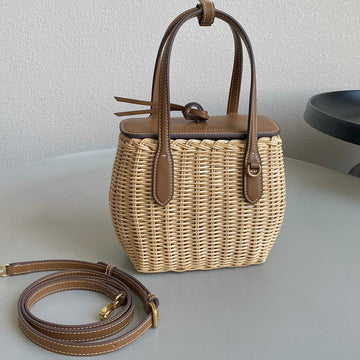 BASKET 20 BAG IN BROWN BEIGE WICKER AND LEATHER Luxe Carry Bags