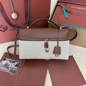 EXTRA BAG L27 IN WHITE CANVAS AND RED BROWN CALFSKIN WITH GOLD HARDWARE by Luxe Carry