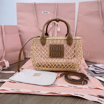 WOVEN HOLLOW BAG 24 IN BEIGE RATTAN AND BROWN CALFSKIN TRIM By Luxe Carry