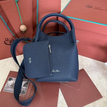 SMALL 21 BALE BAG IN NAVY BLUE GRAINED CALFSKIN WITH SILVER HARDWARE Luxe Carry