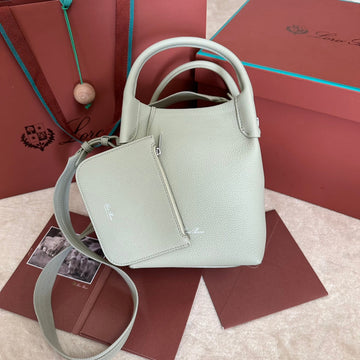 SMALL 21 BALE BAG IN PEARL GRAY GRAINED CALFSKIN WITH SILVER HARDWARE by Luxe Carry