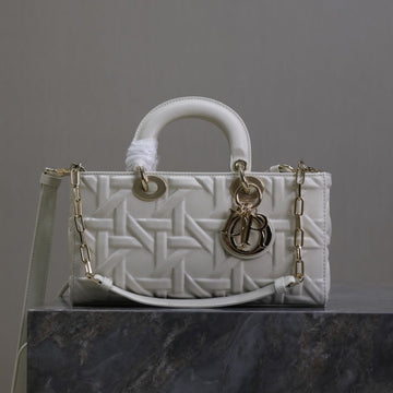 LADY D-JOY BAG 26 IN WHITE GRAPHIC CANNAGE CALFSKIN PALE GOLD-FINISH METAL CHARMS By Luxe Carry