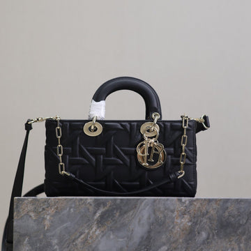 LADY D-JOY BAG 26 IN BLACK GRAPHIC CANNAGE CALFSKIN PALE GOLD-FINISH METAL CHARMS Luxe Carry