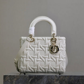 LADY BAG 24 IN WHITE GRAPHIC CANNAGE CALFSKIN PALE GOLD-FINISH METAL CHARMS By Luxe Carry