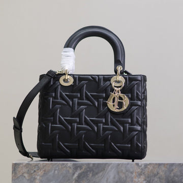 LADY BAG 24 IN BLACK GRAPHIC CANNAGE CALFSKIN PALE GOLD-FINISH METAL CHARMS Luxe Carry