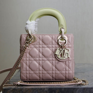 MINI LADY BAG 17 IN BABY PINK QUILTED MACROCANNAGE CALFSKIN SWAMP YELLOW STRAP Luxe Carry Bags