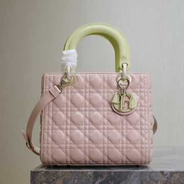 LADY BAG 24 IN BABY PINK QUILTED MACROCANNAGE CALFSKIN SWAMP YELLOW STRAP Luxe Carry Bags