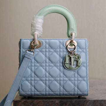 MEDIUM LADY BAG 20 IN BABY BLUE QUILTED MACROCANNAGE CALFSKIN GREEN STRAP Luxe Carry Bags