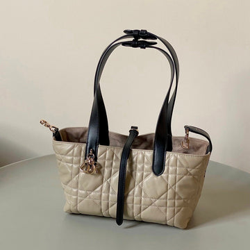 MINI TOUJOURS BAG 23 IN BEIGE CANNAGE CALFSKIN BLACK STRAP Luxe Carry