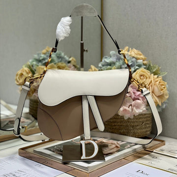 SADDLE BAG 25 WITH STRAP LATTE WHITE MIX MEDIUM BROWN GRAINED CALFSKIN By Luxe Carry