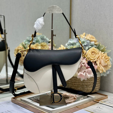 SADDLE BAG 25 WITH STRAP LATTE BLACK MIX WHITE GRAINED CALFSKIN Luxe Carry