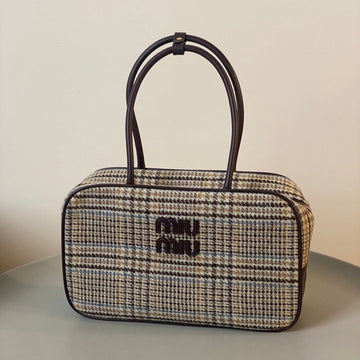 BEAU TOP HANDLE BAG 34 IN BEIGE TARTAN AND COCOA BROWN LEATHER TRIM Luxe Carry Bags