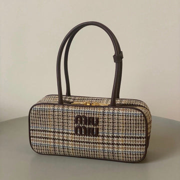 BEAU TOP HANDLE BAG 27 IN BEIGE TARTAN AND COCOA BROWN LEATHER TRIM Luxe Carry
