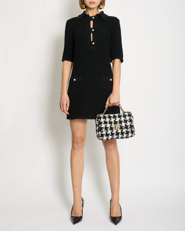 Top Quality Chanel 23P Black Terry Fabric Short Sleeve Dress with Pearl CC Buttons Detail Size FR 34 (UK 6) RRP ¬£3000