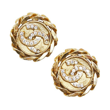 Top Quality Chanel Coco Mark Round Rhinestone Clip-On Earrings Gold Plated