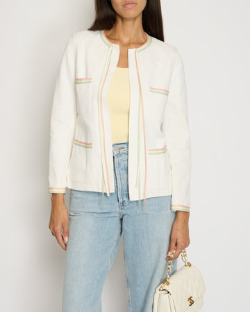 Top Quality Chanel 04/C White Round Neck Jacket with Pastel Trim Detail FR 36 (UK 8)