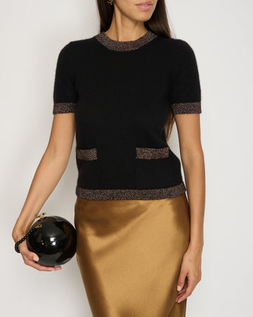 Top Quality Chanel Black and Gold Cashmere Blend Short Sleeve Jumper with Metallic Thread Size FR 36 (UK 8)